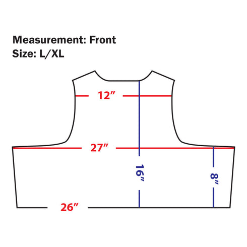 Diagram of the Condor EXO Plate Carrier Gen II (size L/XL) featuring key measurements: 12 shoulder width, 27 chest, 26 bottom, 16 height, and 8 side—ideal for military or first responder use.
